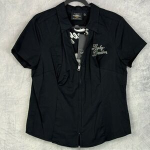 NEW Harley Davidson Womens Black Short Sleeve Zipper Top Sz 1W Embroidereed NWT